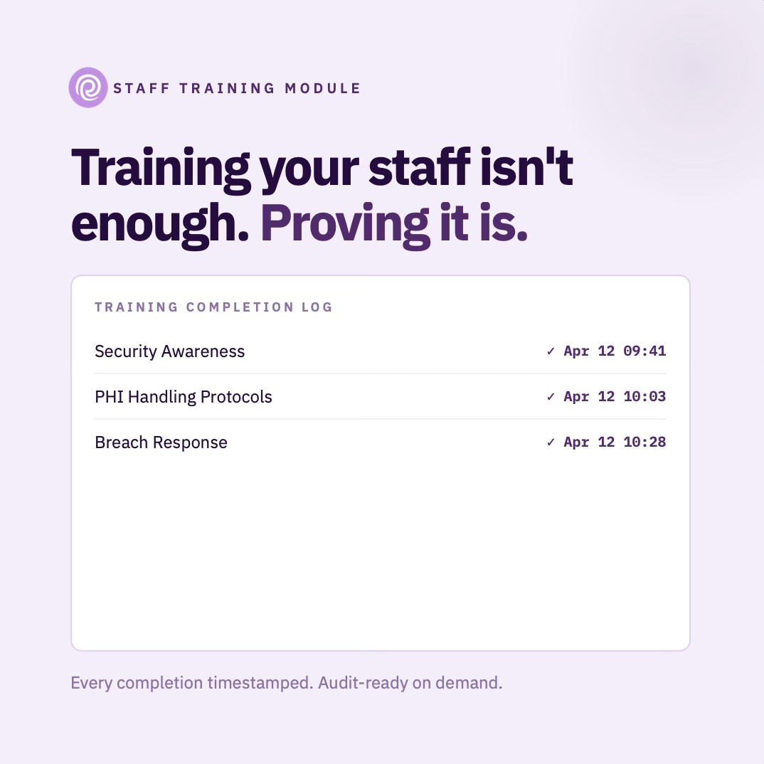 Staff training module — every completion timestamped, audit-ready