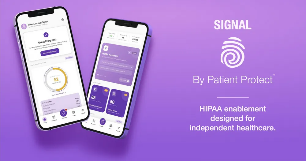 Mobile app interface showing free HIPAA compliance tools including breach alerts and risk assessment