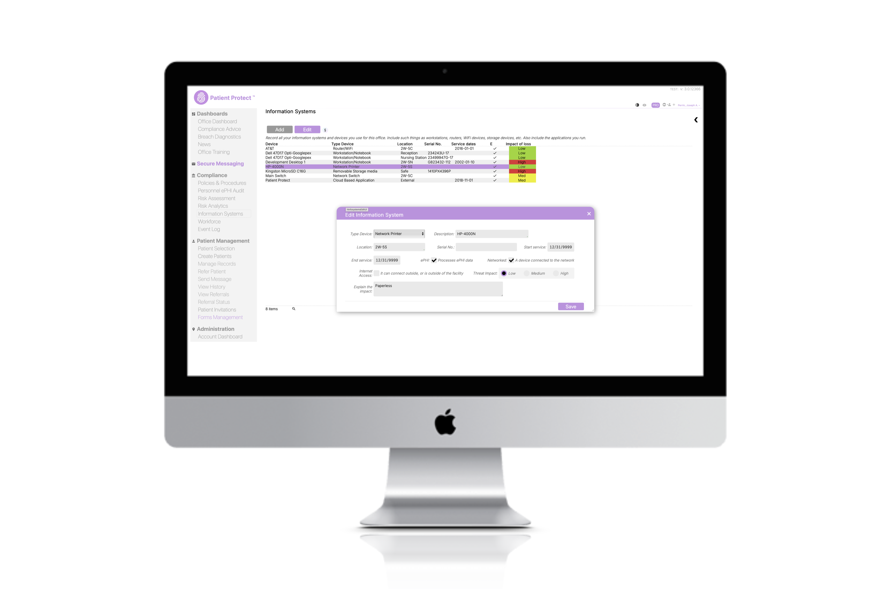 Patient Protect Information Systems tracker with editable risk levels and encryption status