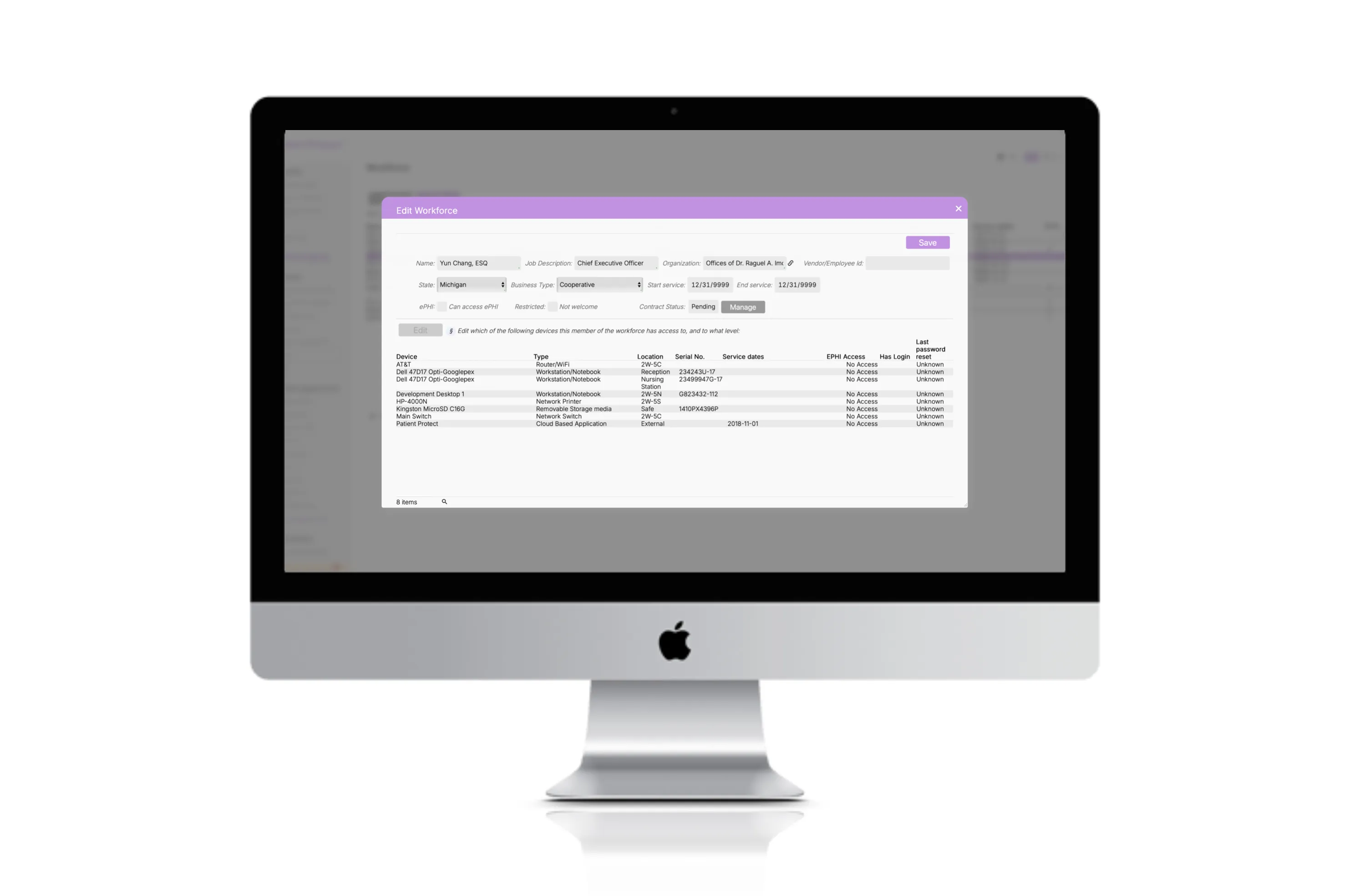 Patient Protect workforce access control interface showing device-level permissions and ePHI access status