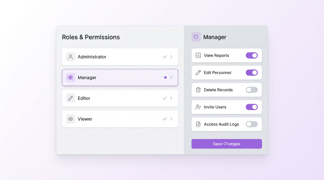 Patient Protect Access Management showing role-based permissions matrix across eight defined roles from Office Administrator to Patient, with endpoint-level enforcement