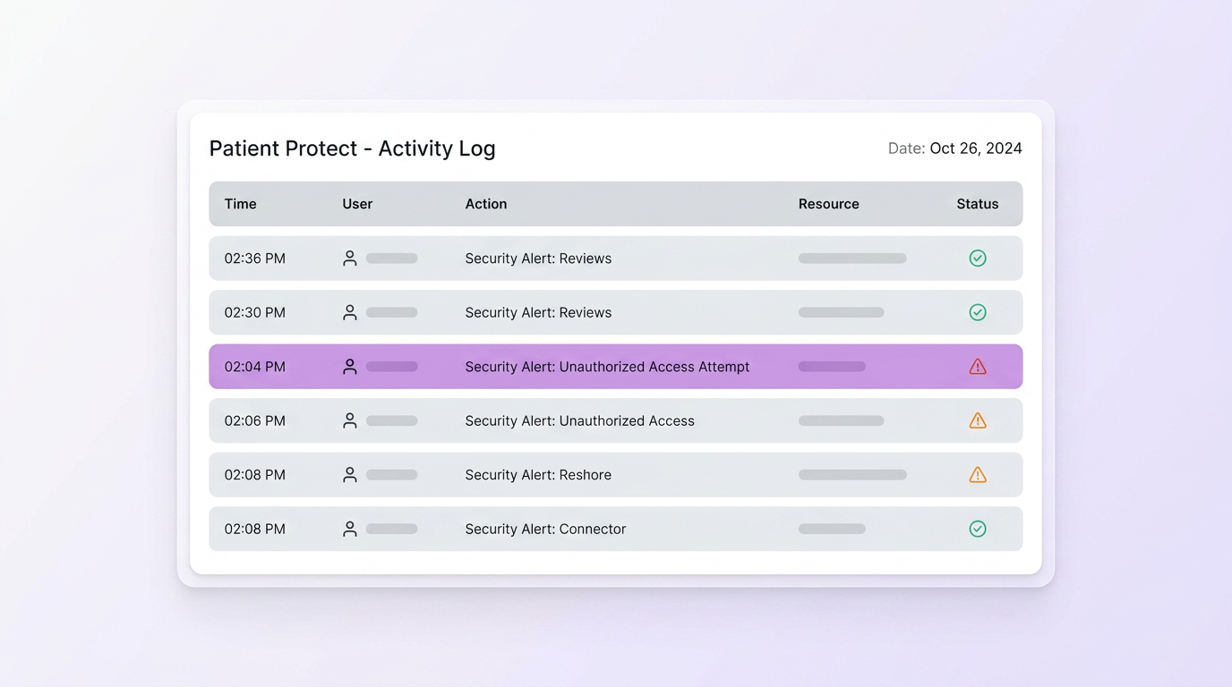 Patient Protect ePHI Audit Logs showing per-personnel access records with timestamps, session IDs, and PHI scope details