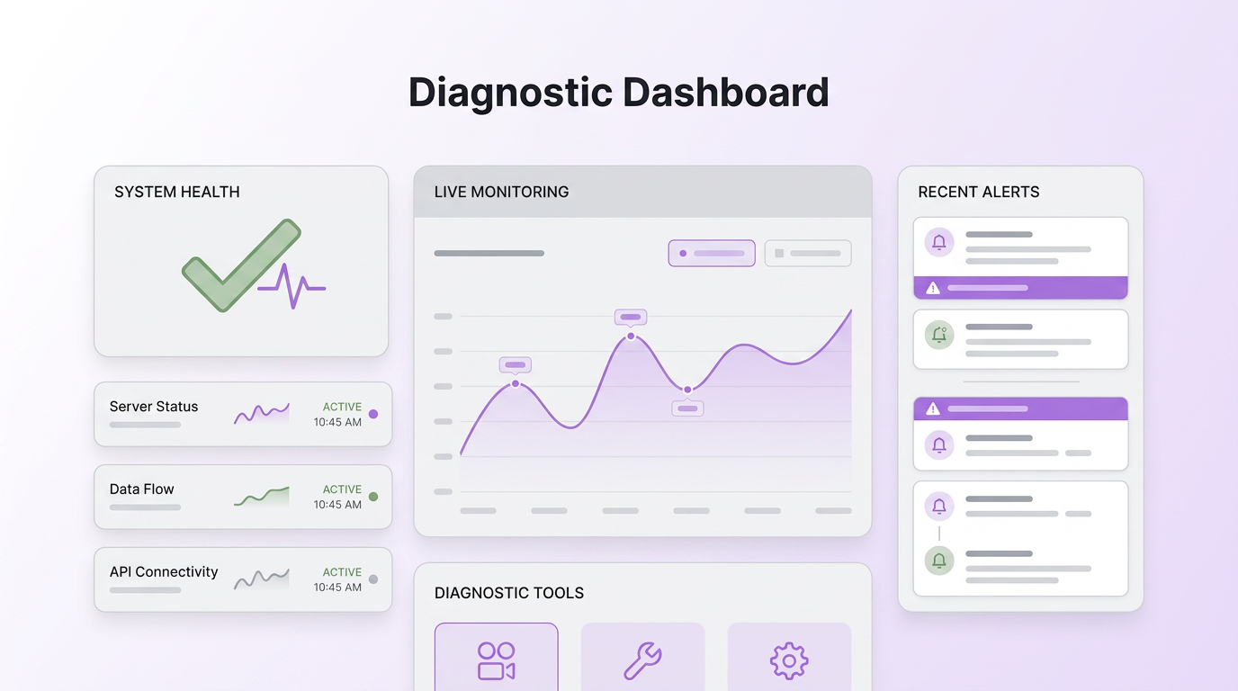 Patient Protect Live Diagnostics dashboard showing composite compliance score with category breakdown across all 20 modules and historical trend