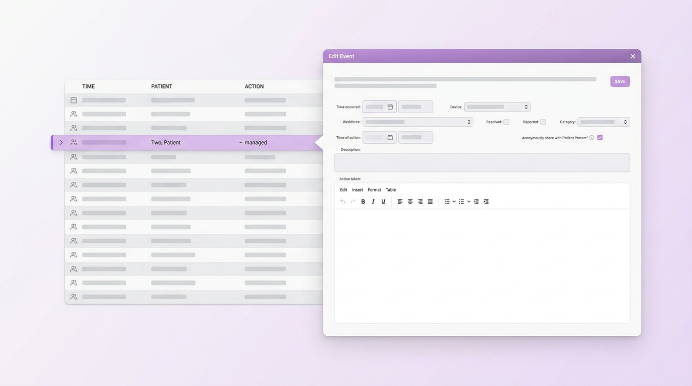 Patient Protect Patient Management showing centralized patient record with demographic, clinical, and consent fields, role-scoped access controls, and inline audit history