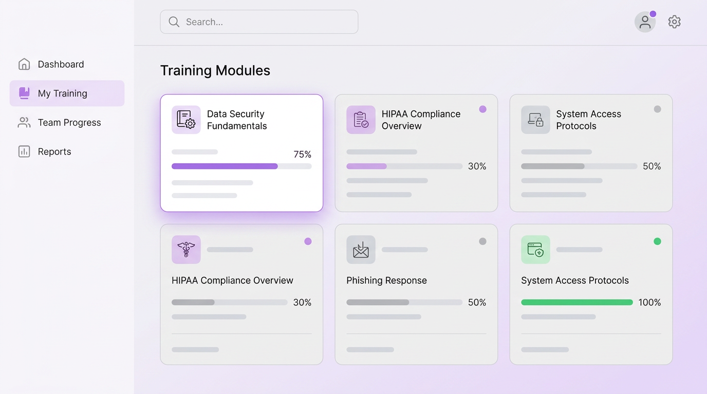 Patient Protect Workforce Training showing role-based curriculum, completion tracking with timestamps, and quiz-based competence verification across staff