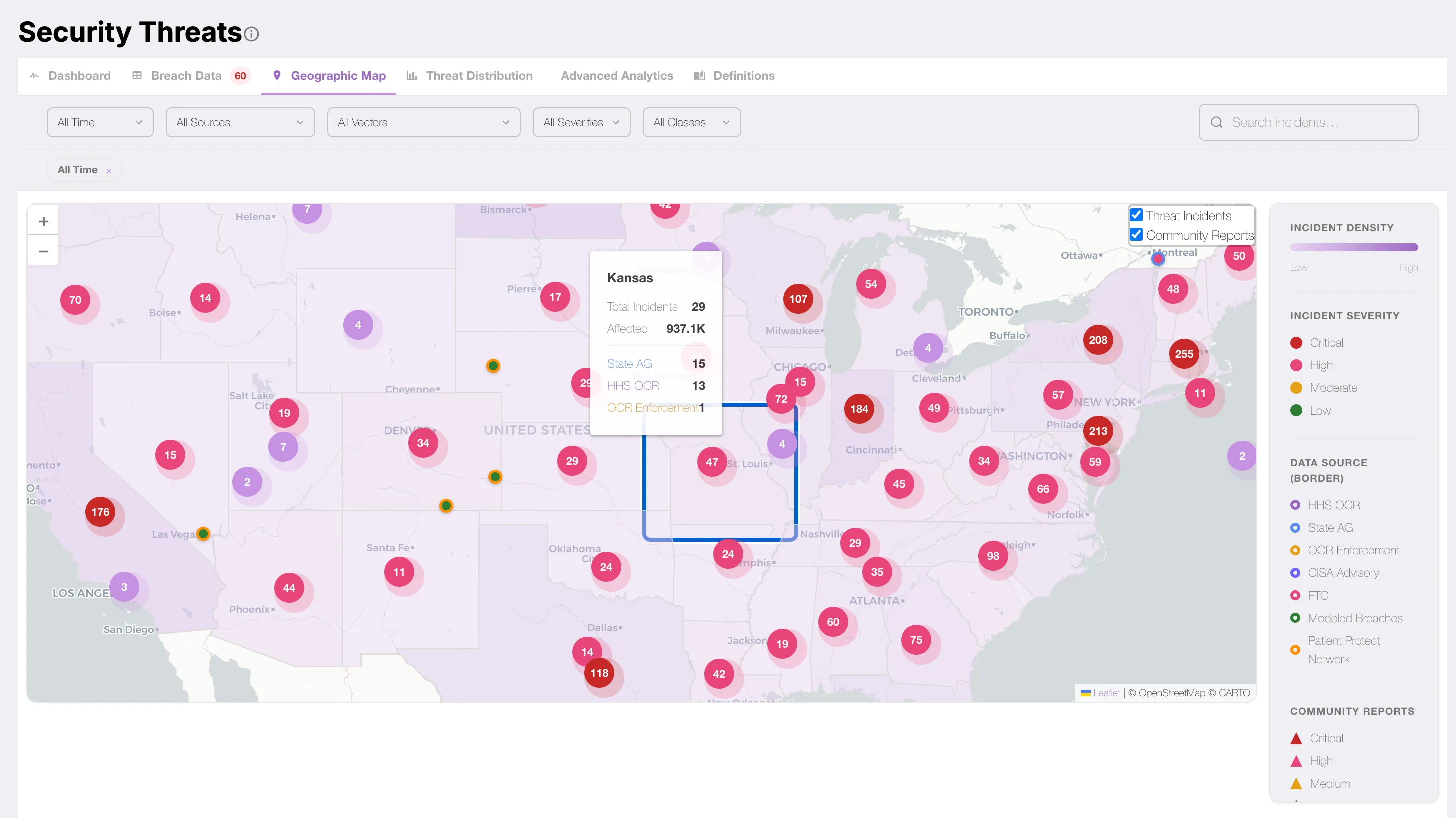 Patient Protect security threats geographic map showing nationwide breach incident data from HHS OCR