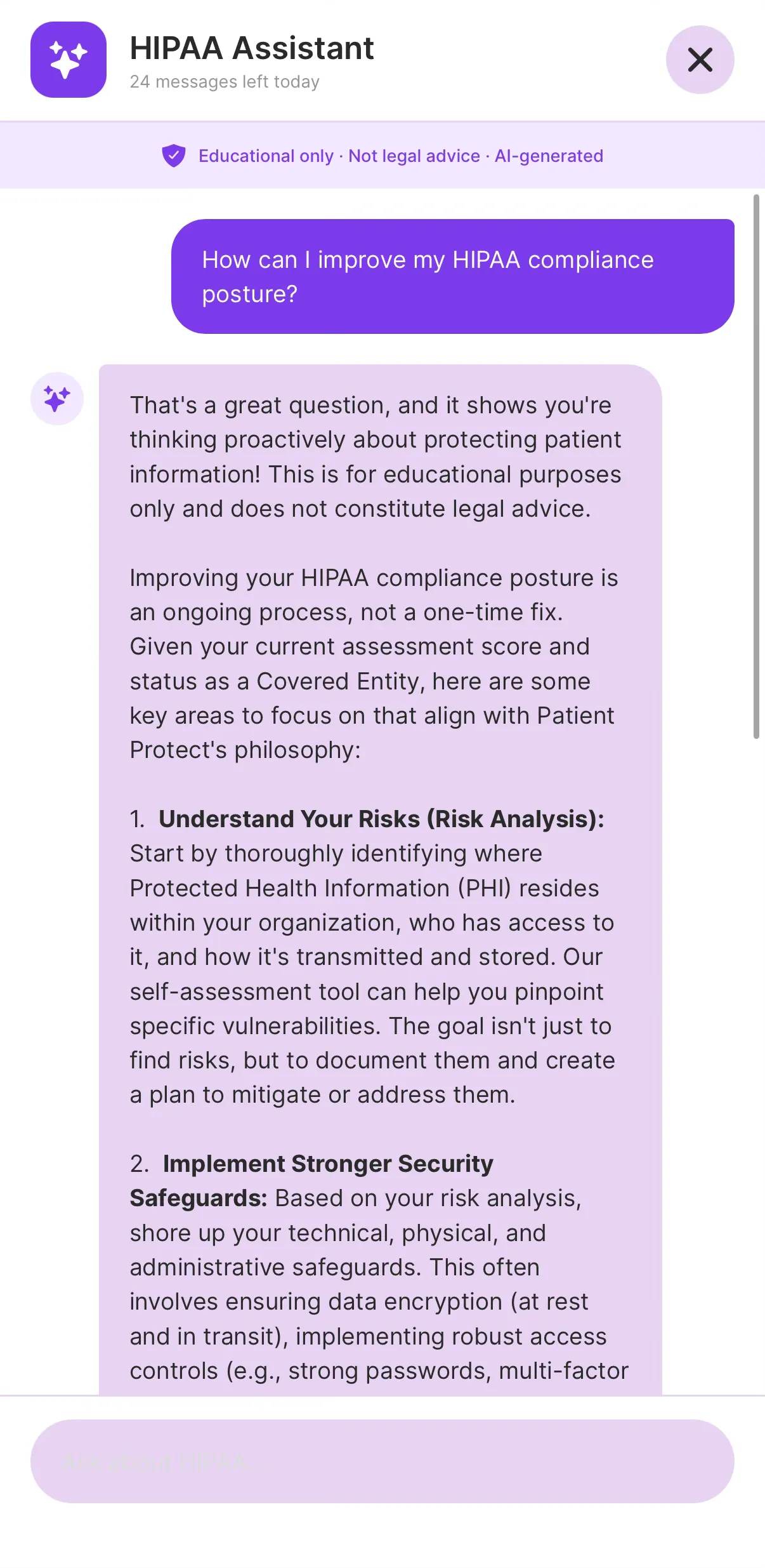 Signal app HIPAA AI assistant chat interface answering compliance questions