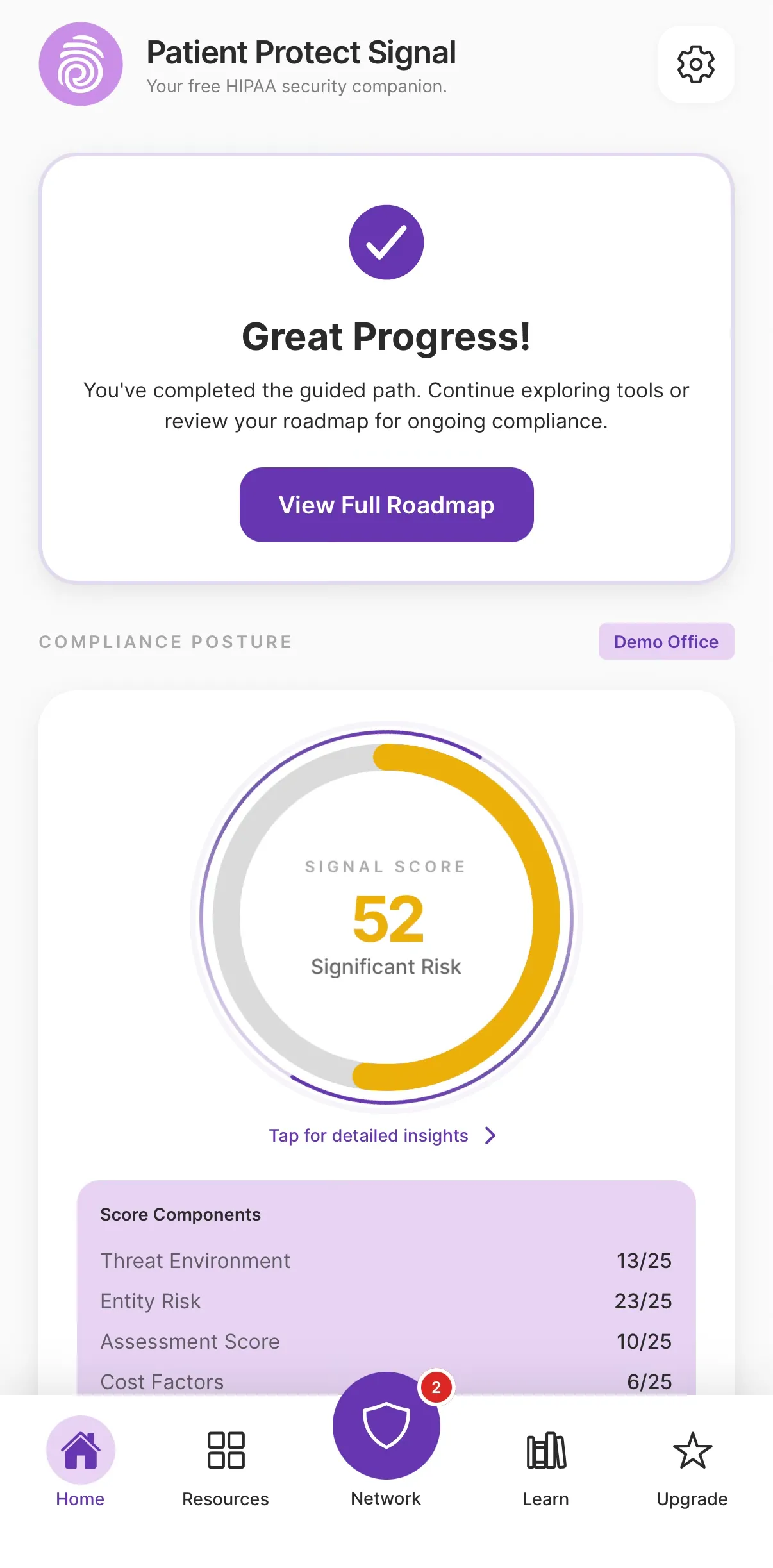 Signal app home screen showing compliance Signal Score of 52 with score breakdown