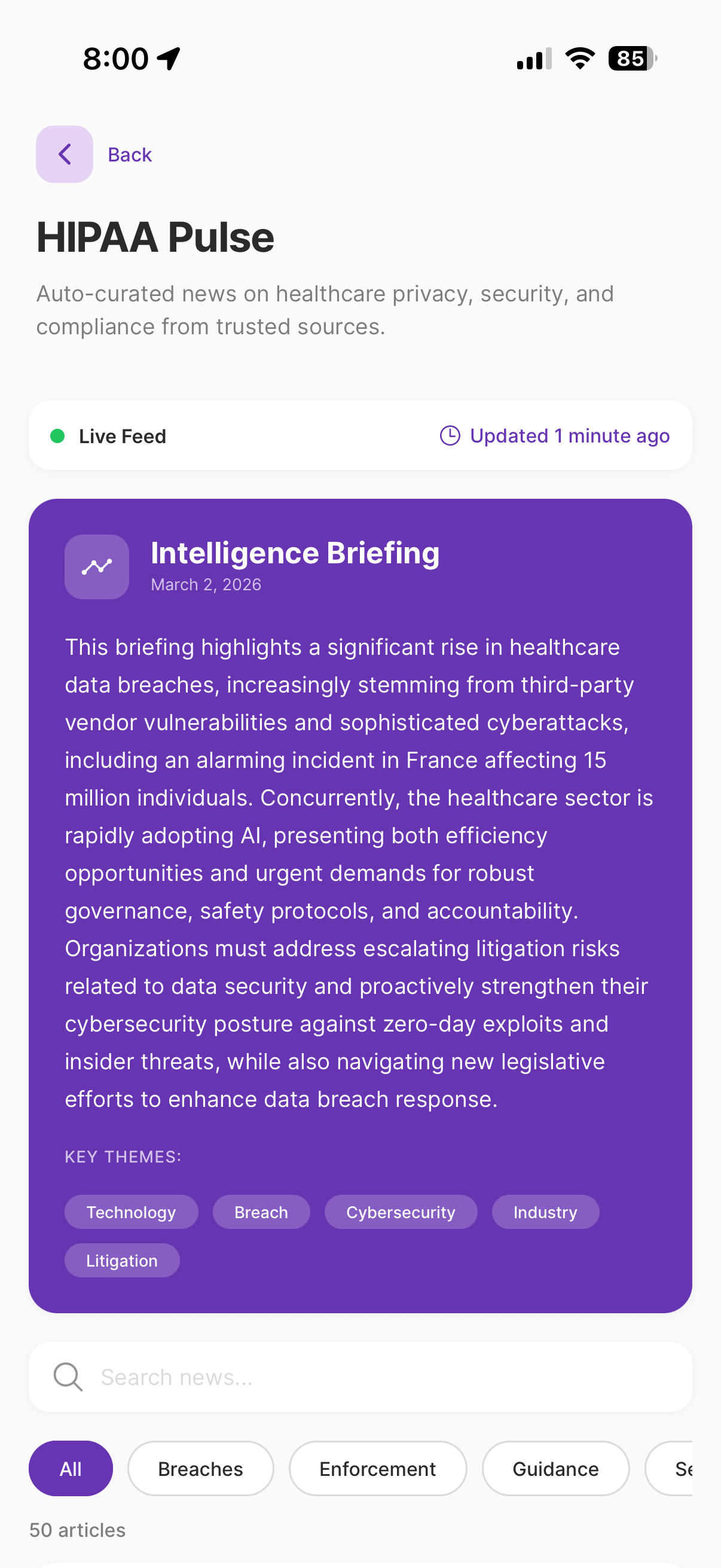 Signal app HIPAA Pulse news feed with severity-coded intelligence briefings